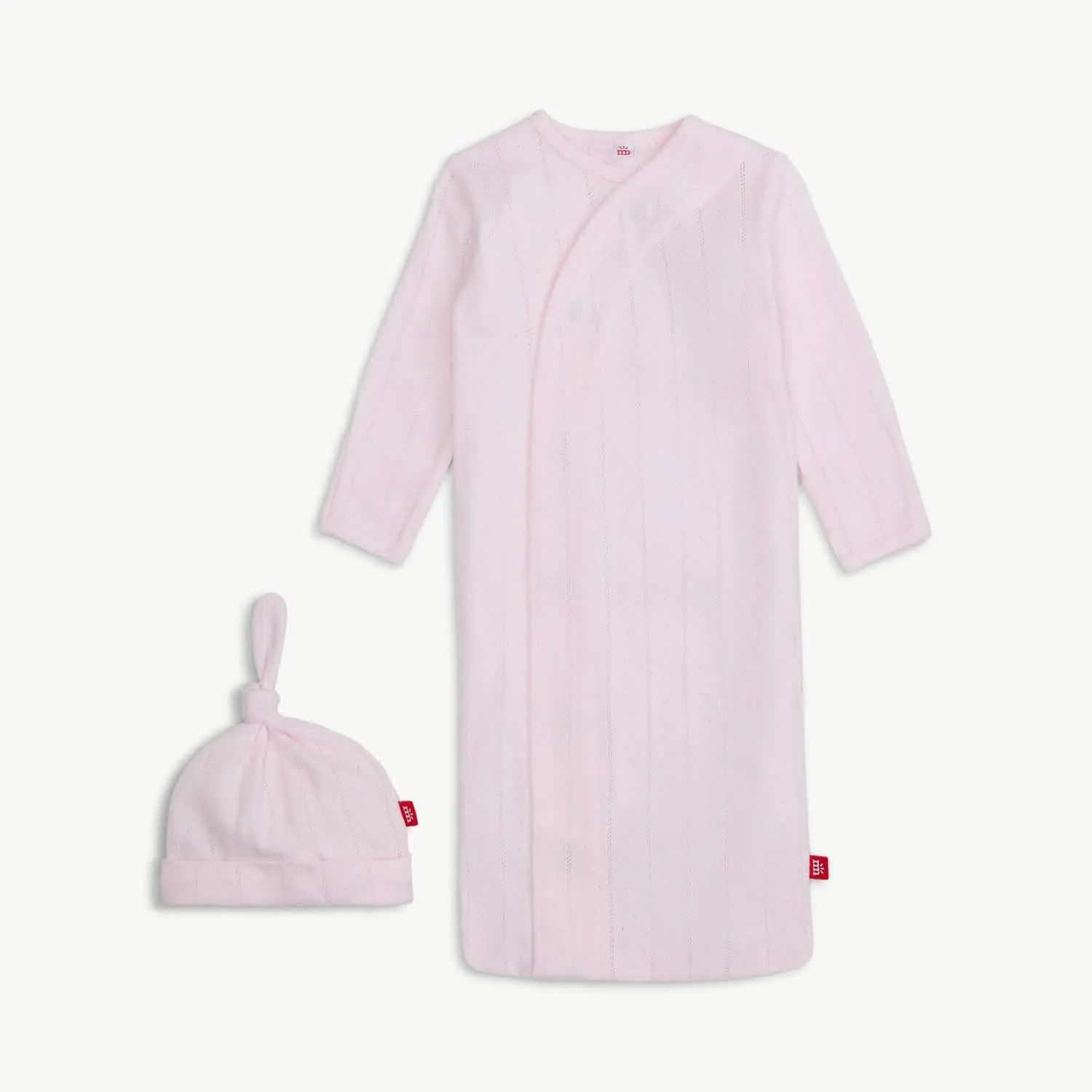 love lines pink organic cotton pointelle magnetic cozy sleeper gown + hat set - re-loved