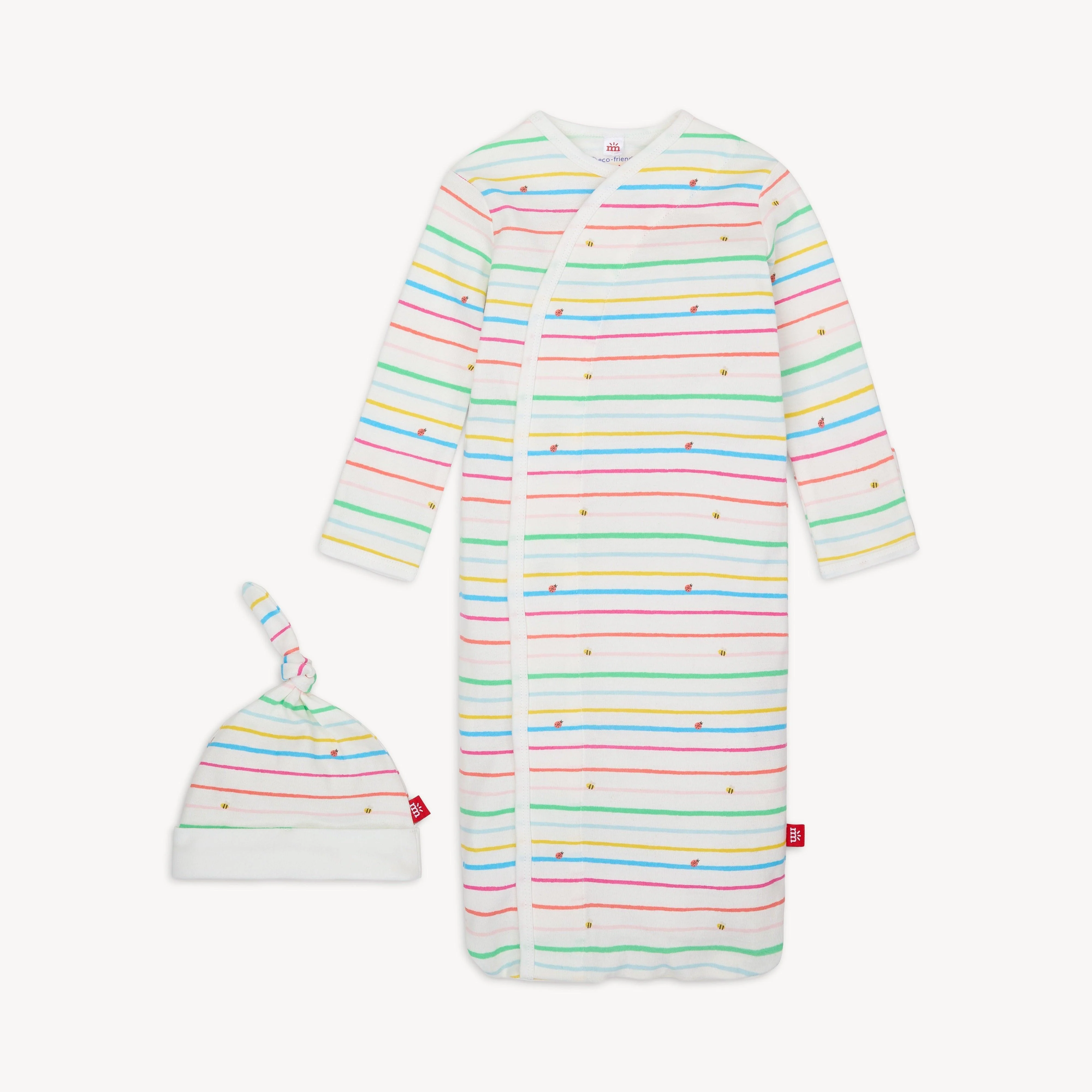 rainbow road organic cotton magnetic cozy sleeper gown + hat set - re-loved